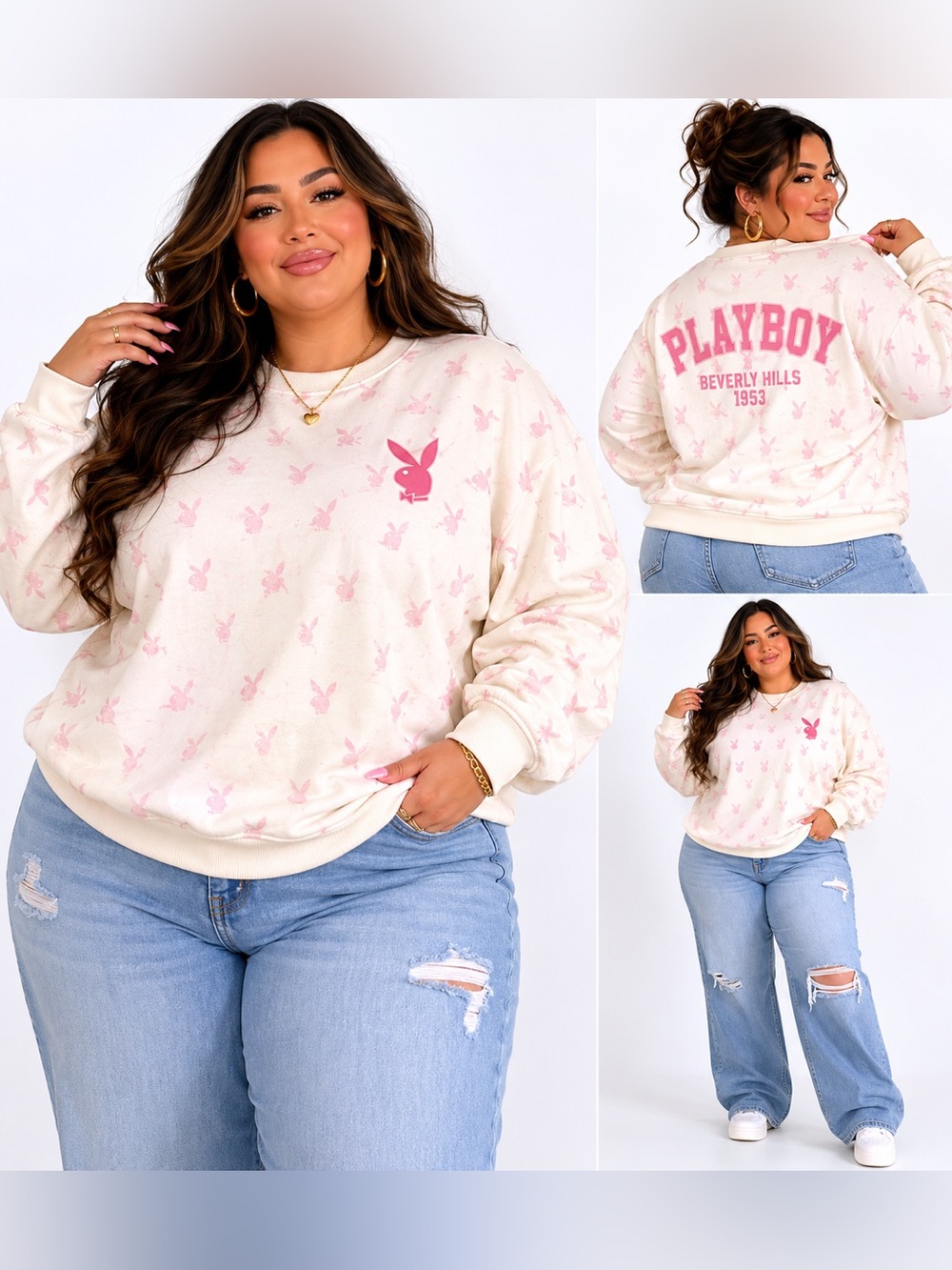 PLAYBOY Pink Bunny Allover Print Fleece Crewneck Sweatshirt XL Y2K lounge